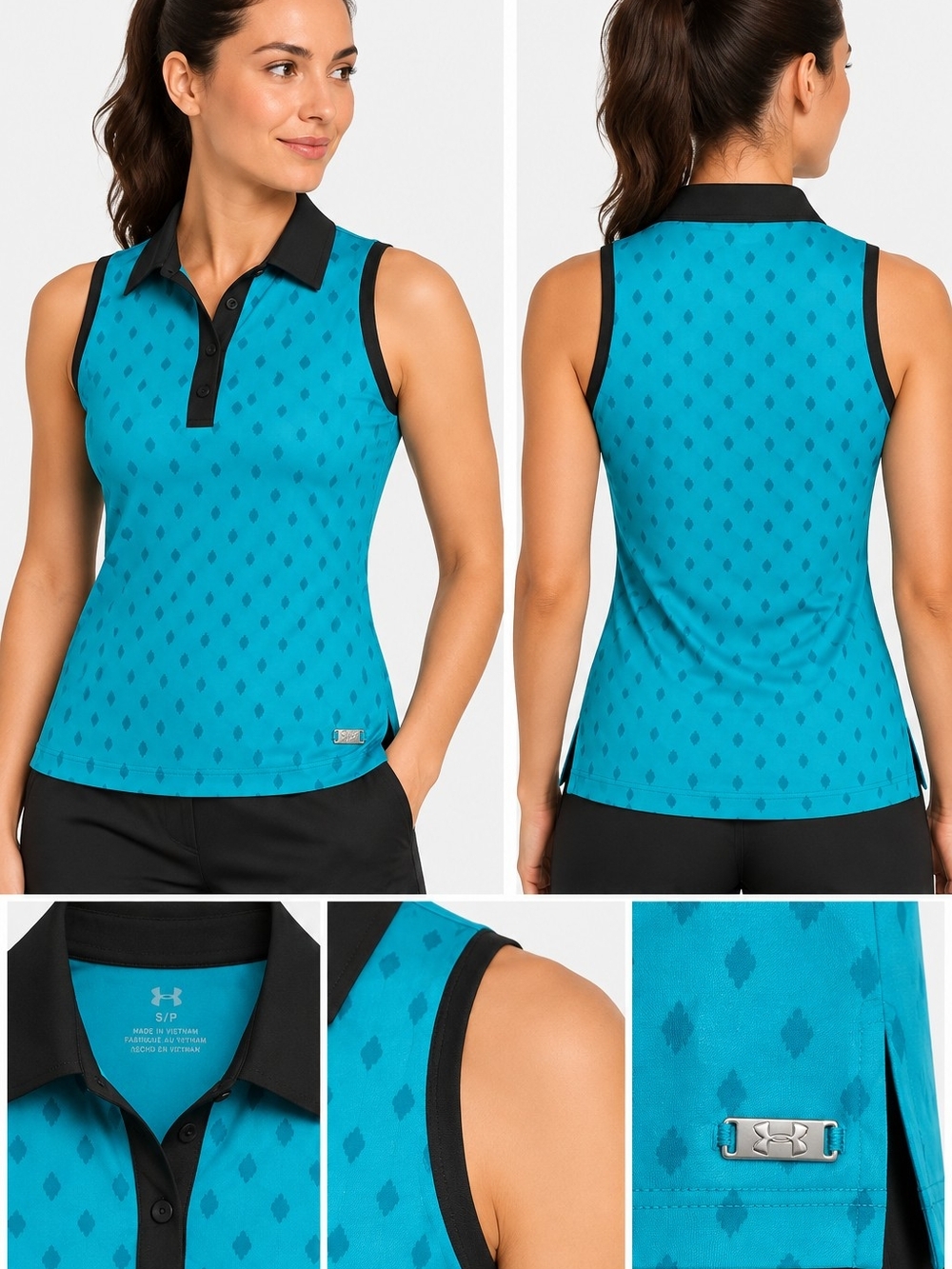 NWT Under Armour HeatGear Women’s Golf Polo Sleeveless Teal Patterned Top S/P